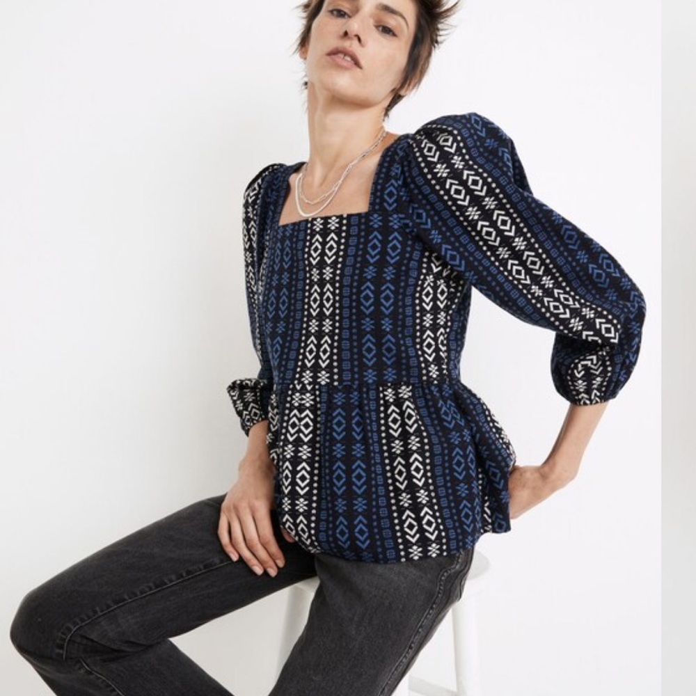 XL Madewell Blue and White Geometric Peplum Top